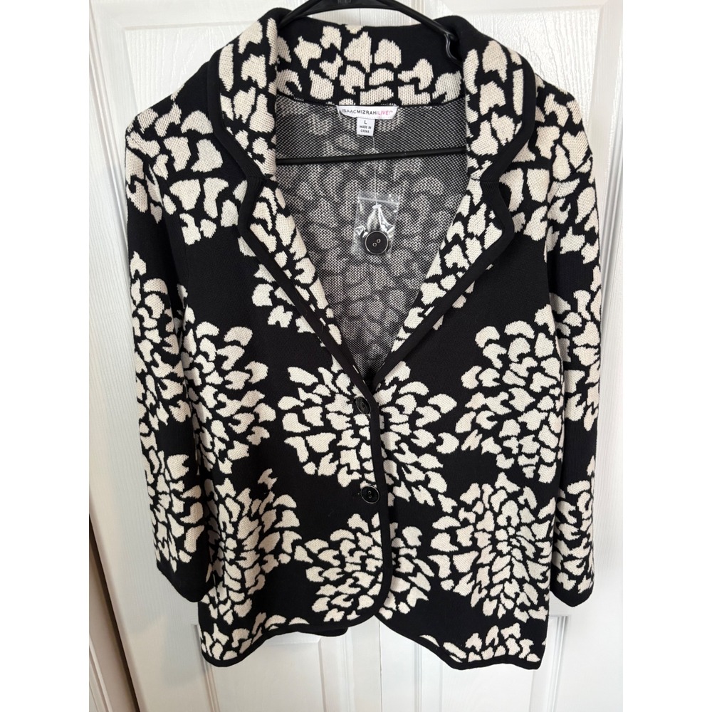 Isaac Mizrahi Live! Womens Black‎ Cream Floral Knit Blazer Cardigan Jacket Large